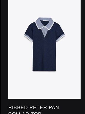 Zara Navy Ribbed Polo Top with White-Trim Collar